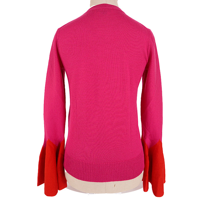 SZ S NEW $1,120 ALEXANDER MCQUEEN Pink RED FLARED SLEEVE Wool Crew Neck SWEATER