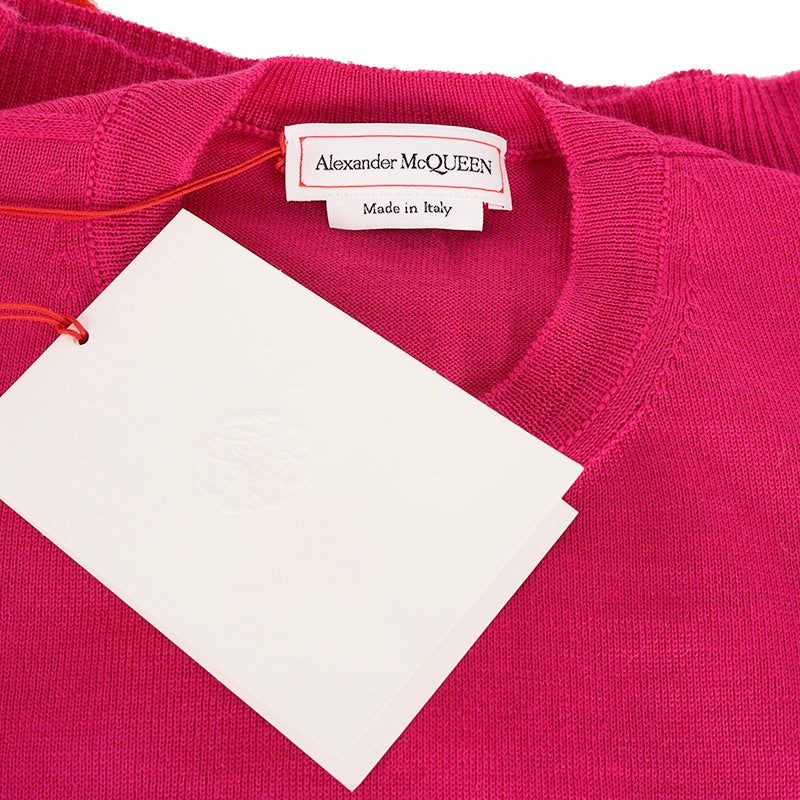 SZ S NEW $1,120 ALEXANDER MCQUEEN Pink RED FLARED SLEEVE Wool Crew Neck SWEATER