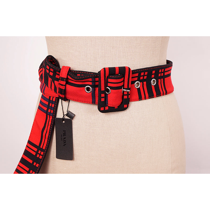 sz 40 NEW $345 MIU MIU RUNWAY Red Black Blue TARTAN PLAID Tricotine Waist BELT
