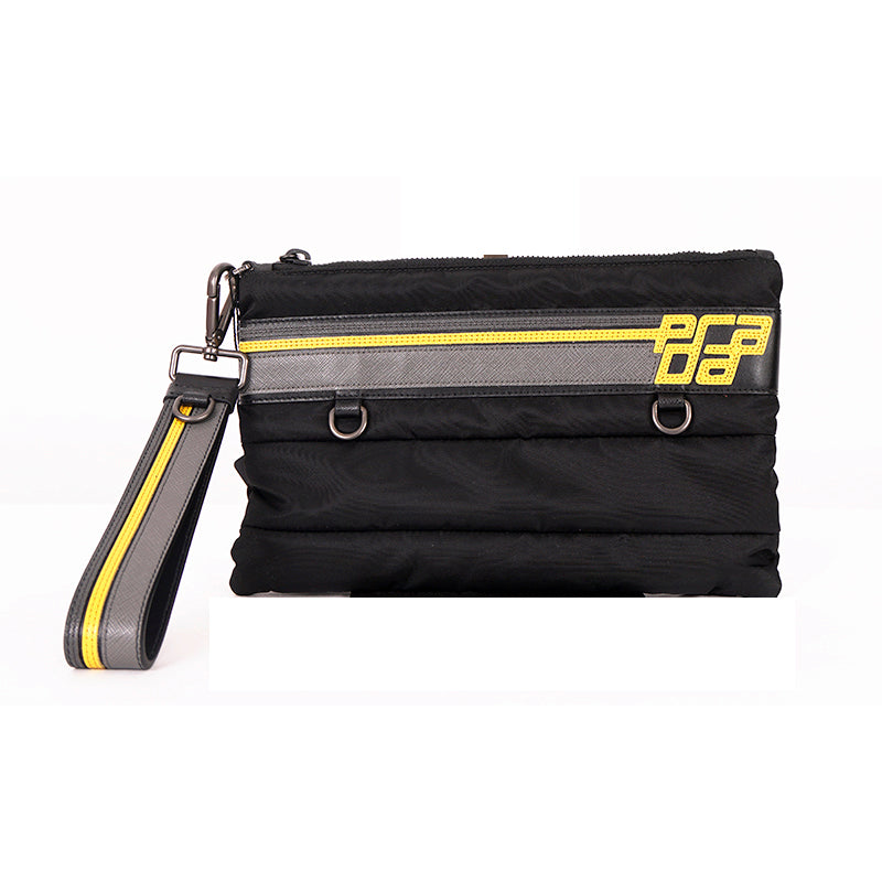 NEW $895 PRADA MENS Black Bomber YELLOW SAFFIANO LOGO WRISTLET Travel SPORTY BAG
