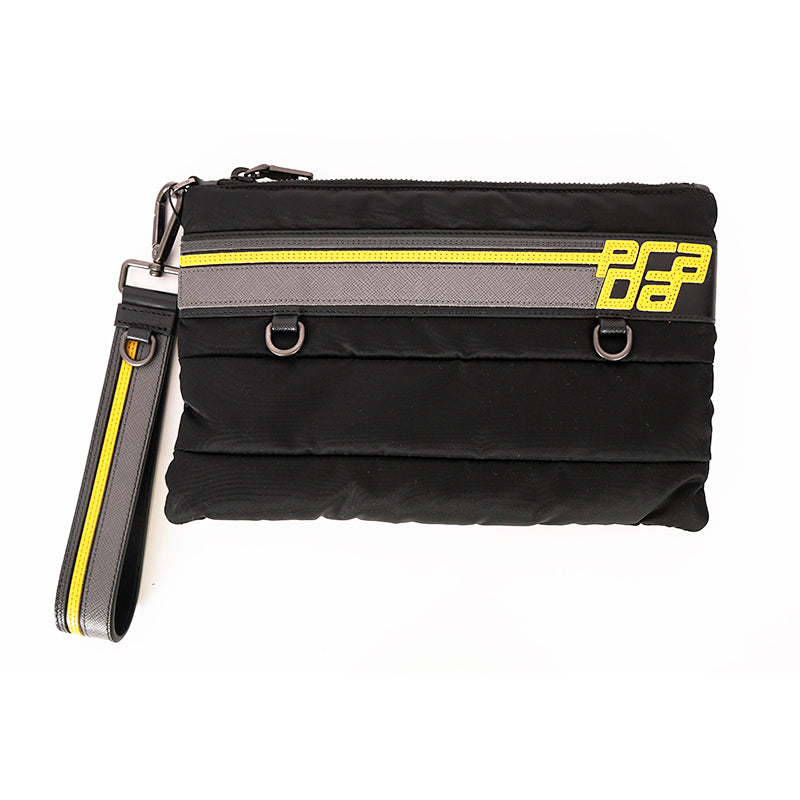 NEW $895 PRADA MENS Black Bomber YELLOW SAFFIANO LOGO WRISTLET Travel SPORTY BAG