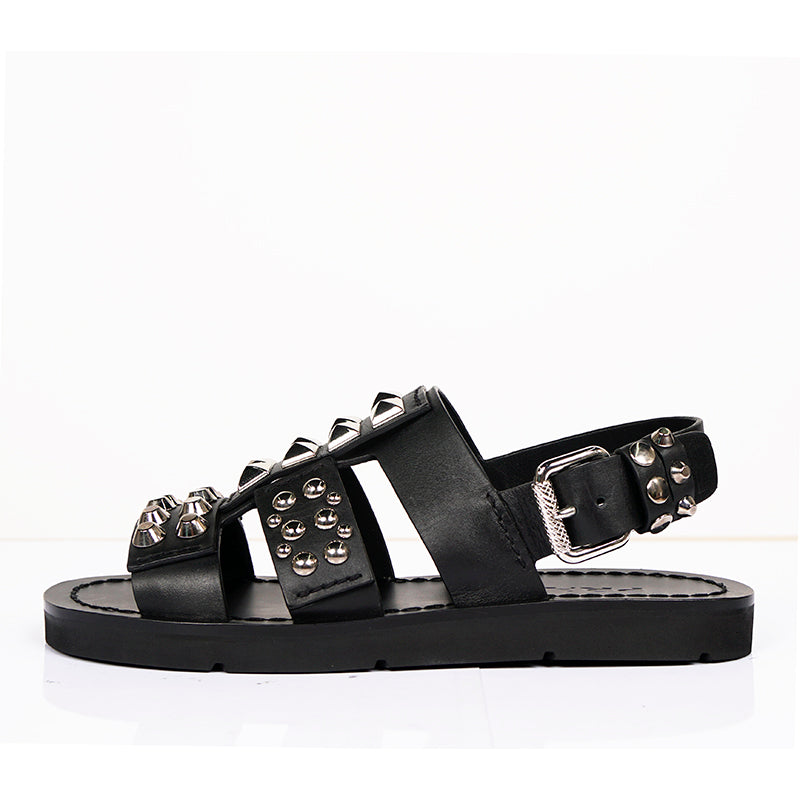 36.5 NEW $980 PRADA Black SILVER STUD Leather GLADIATOR Slingback Flats SANDALS