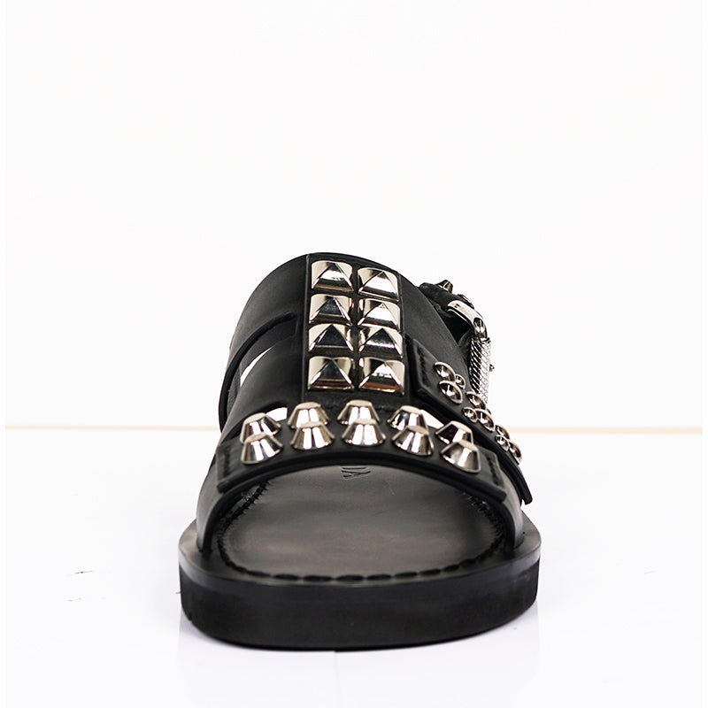 36.5 NEW $980 PRADA Black SILVER STUD Leather GLADIATOR Slingback Flats SANDALS