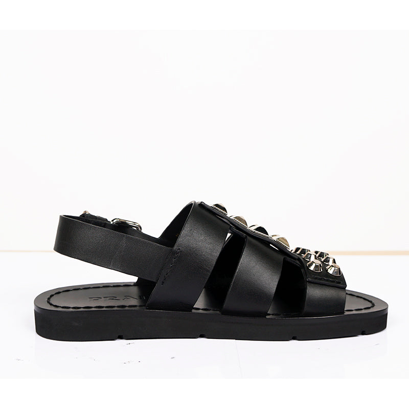 36.5 NEW $980 PRADA Black SILVER STUD Leather GLADIATOR Slingback Flats SANDALS