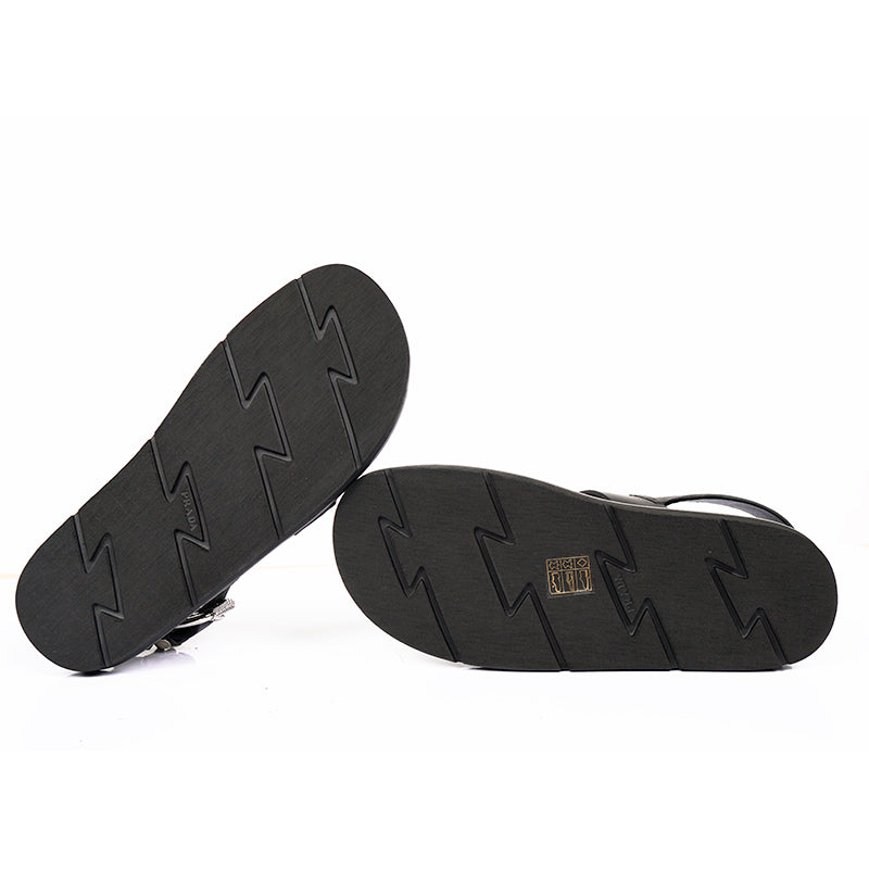 36.5 NEW $980 PRADA Black SILVER STUD Leather GLADIATOR Slingback Flats SANDALS