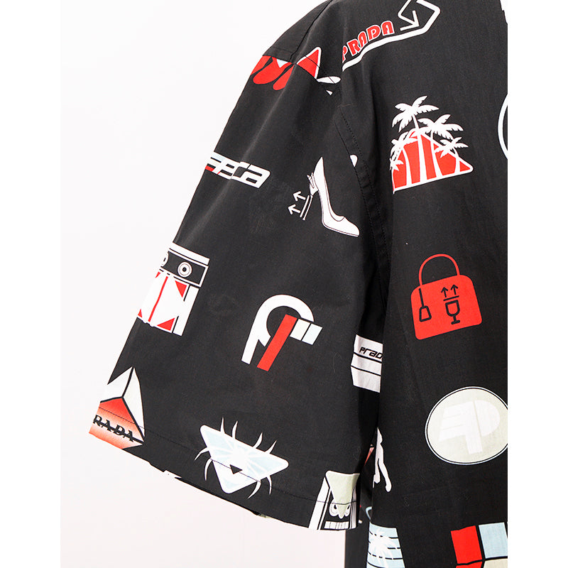 39 NEW $1,240 PRADA Runway Men's Black Sticker Design Short Sleeved Poplin SHIRT