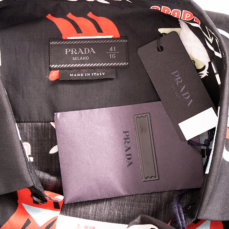 39 NEW $1,240 PRADA Runway Men's Black Sticker Design Short Sleeved Poplin SHIRT