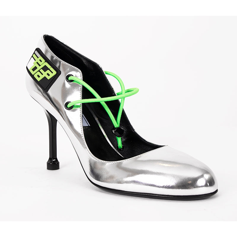 36.5 NEW $850 PRADA Runway Silver Leather RUBBER LOGO D'orsay High-heel PUMPS