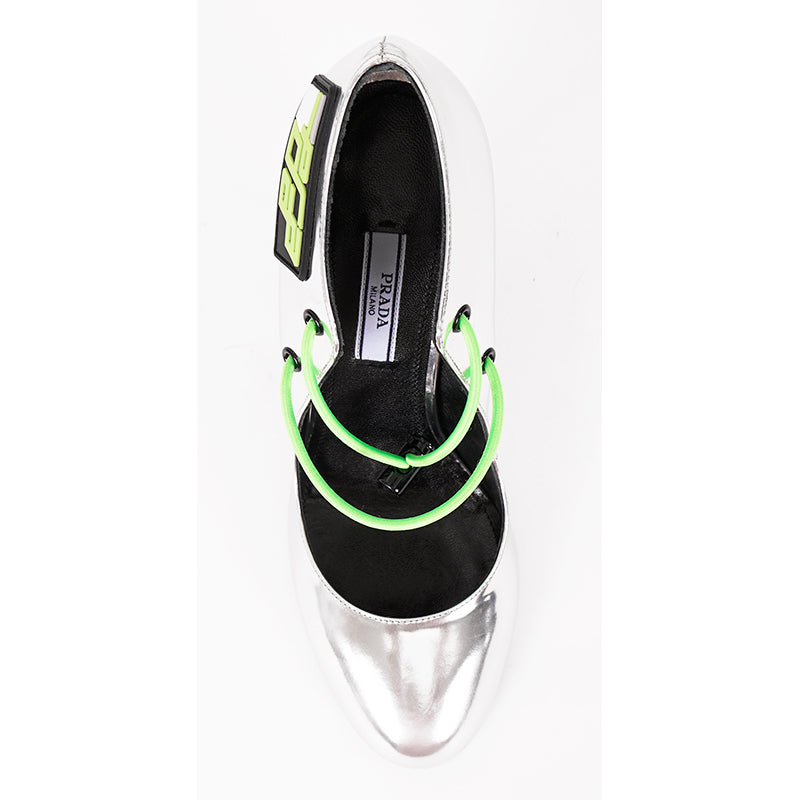 36.5 NEW $850 PRADA Runway Silver Leather RUBBER LOGO D'orsay High-heel PUMPS