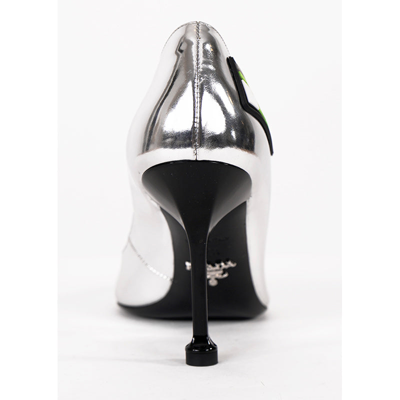36.5 NEW $850 PRADA Runway Silver Leather RUBBER LOGO D'orsay High-heel PUMPS