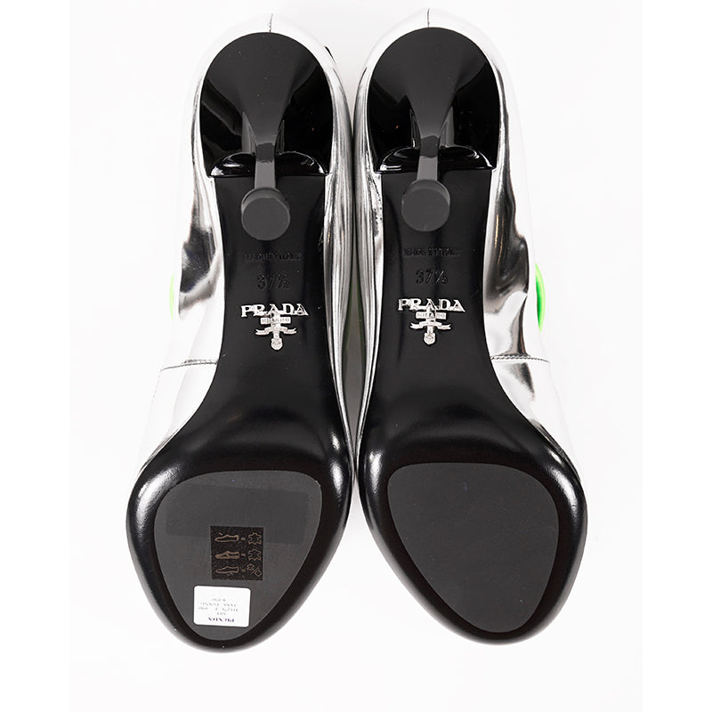 36.5 NEW $850 PRADA Runway Silver Leather RUBBER LOGO D'orsay High-heel PUMPS