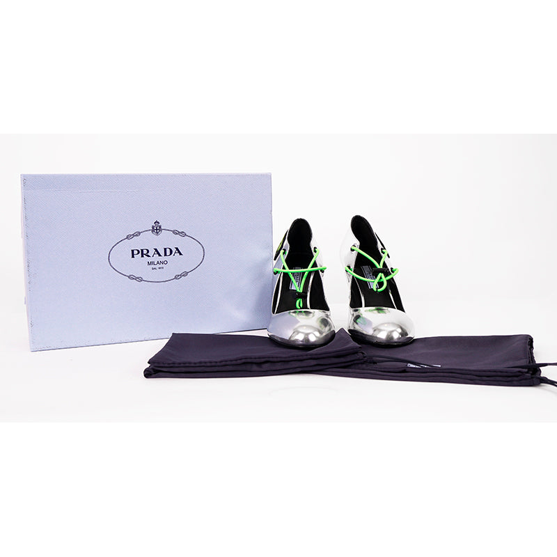 36.5 NEW $850 PRADA Runway Silver Leather RUBBER LOGO D'orsay High-heel PUMPS