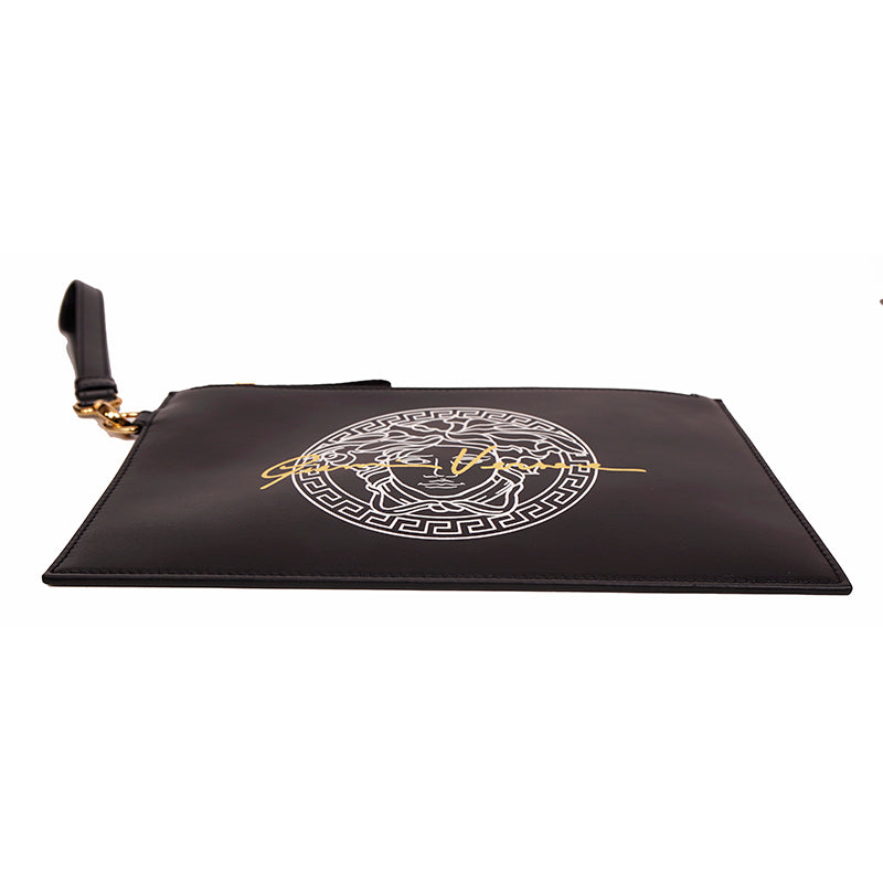 NEW $800 VERSACE Black Leather White LARGE MEDUSA LOGO Sleek Pouch WRISTLET BAG