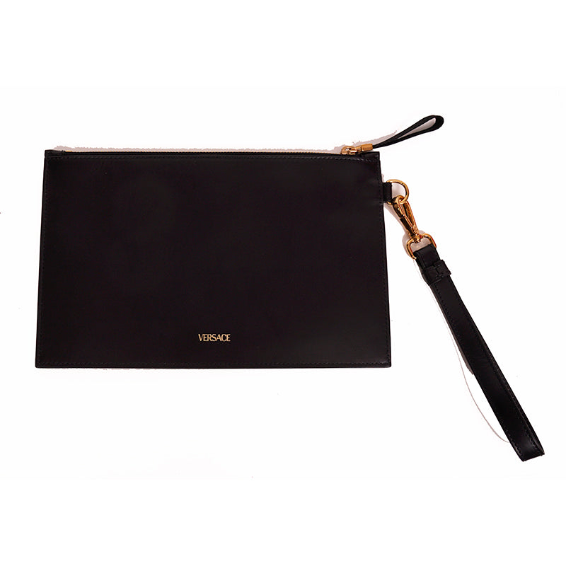 NEW $800 VERSACE Black Leather White LARGE MEDUSA LOGO Sleek Pouch WRISTLET BAG