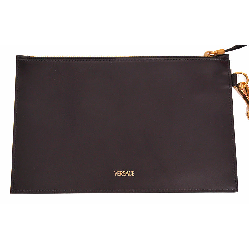 NEW $800 VERSACE Black Leather White LARGE MEDUSA LOGO Sleek Pouch WRISTLET BAG