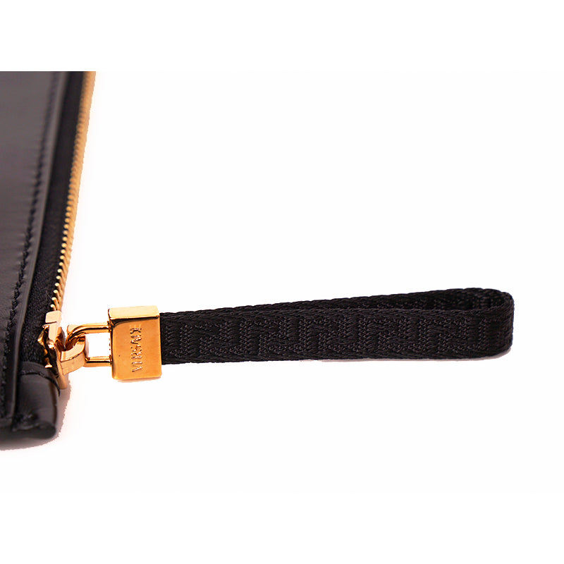 NEW $800 VERSACE Black Leather White LARGE MEDUSA LOGO Sleek Pouch WRISTLET BAG