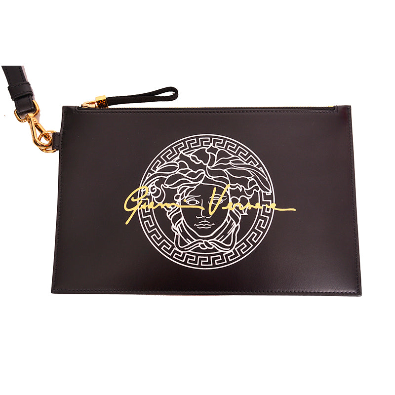 NEW $800 VERSACE Black Leather White LARGE MEDUSA LOGO Sleek Pouch WRISTLET BAG