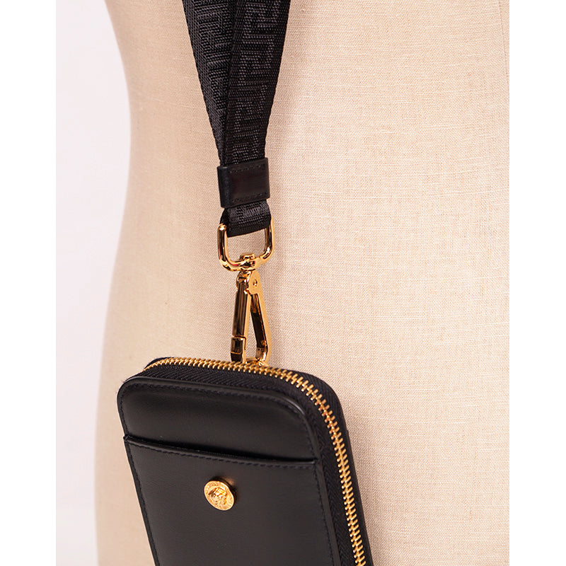 NEW $800 VERSACE Black Leather GOLD MEDUSA LOGO Phone Travel Pouch BAG & LANYARD