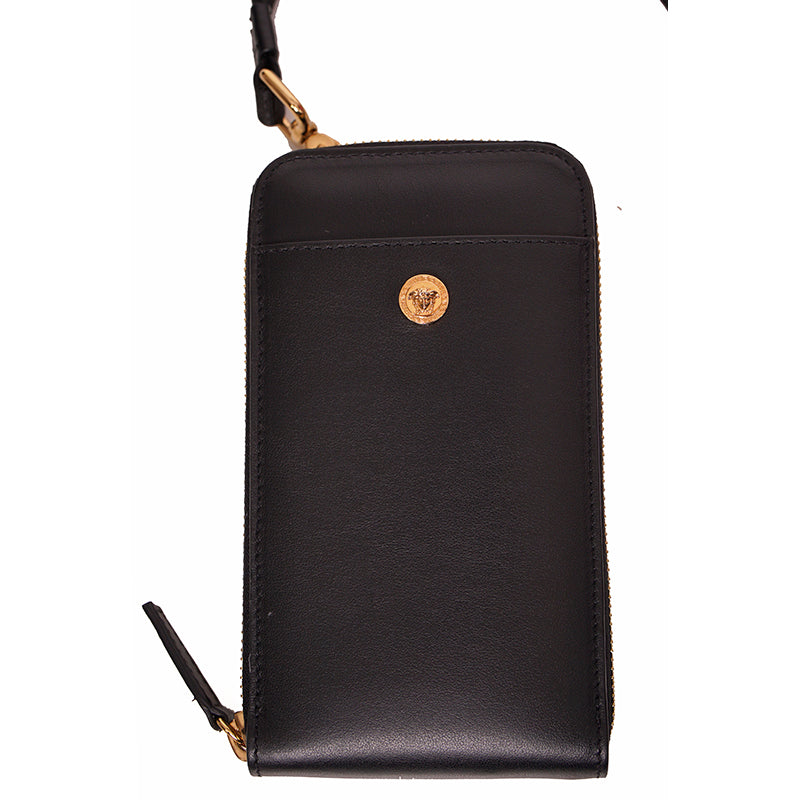 NEW $800 VERSACE Black Leather GOLD MEDUSA LOGO Phone Travel Pouch BAG & LANYARD