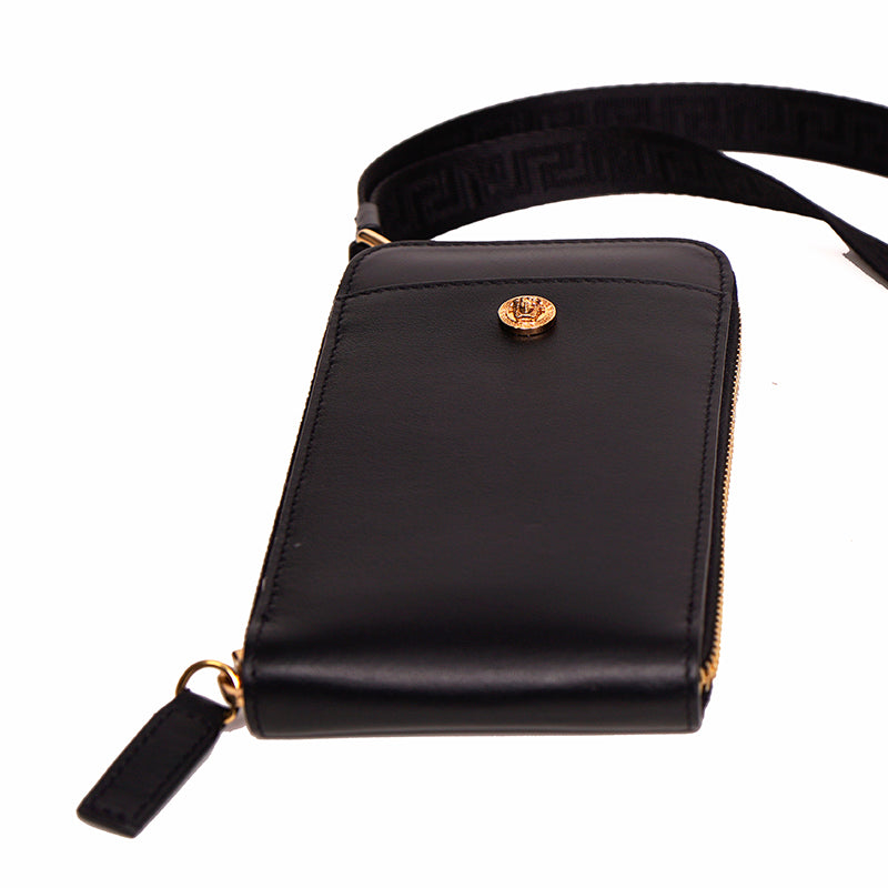 NEW $800 VERSACE Black Leather GOLD MEDUSA LOGO Phone Travel Pouch BAG & LANYARD