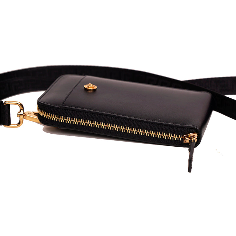 NEW $800 VERSACE Black Leather GOLD MEDUSA LOGO Phone Travel Pouch BAG & LANYARD