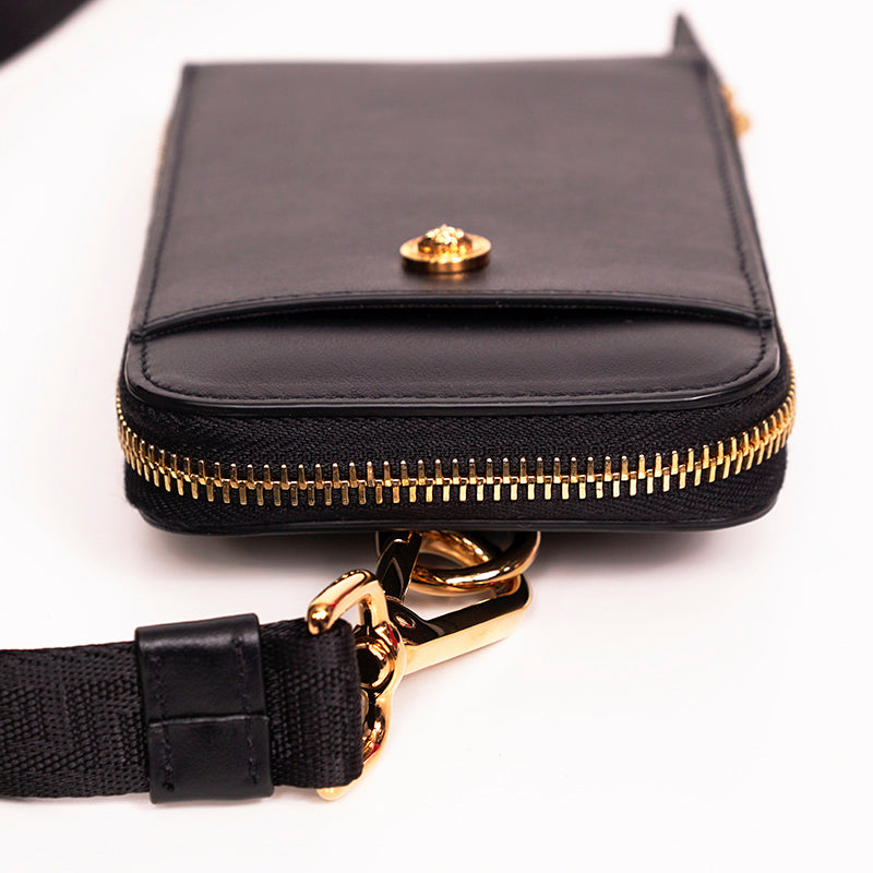 NEW $800 VERSACE Black Leather GOLD MEDUSA LOGO Phone Travel Pouch BAG & LANYARD
