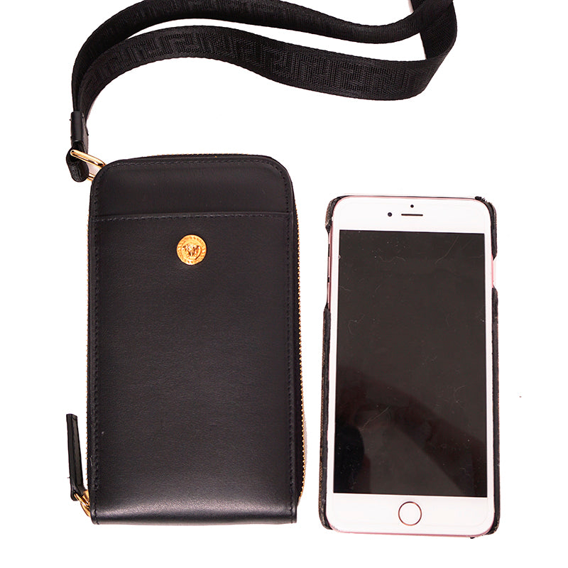 NEW $800 VERSACE Black Leather GOLD MEDUSA LOGO Phone Travel Pouch BAG & LANYARD