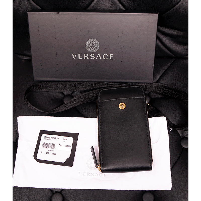 NEW $800 VERSACE Black Leather GOLD MEDUSA LOGO Phone Travel Pouch BAG & LANYARD