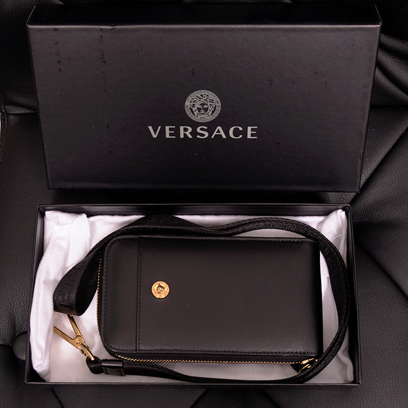 NEW $800 VERSACE Black Leather GOLD MEDUSA LOGO Phone Travel Pouch BAG & LANYARD