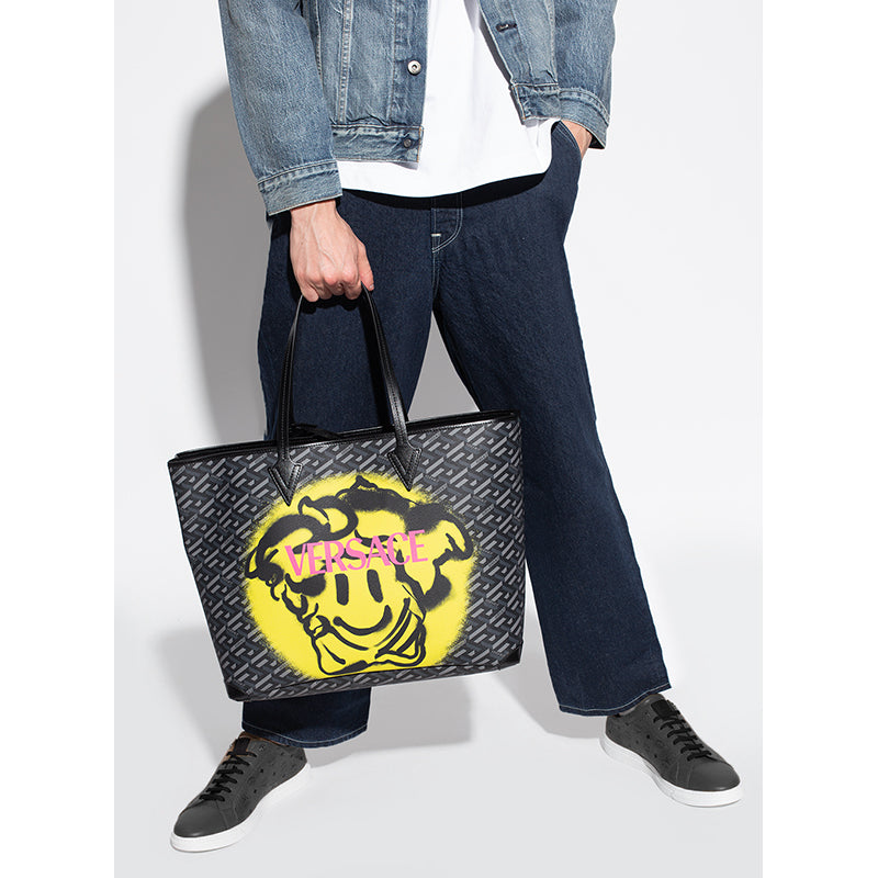 NEW $1450 VERSACE La Greca SMILEY MEDUSA YELLOW GRAFFITI Canvas Leather TOTE BAG