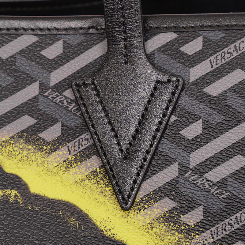 NEW $1450 VERSACE La Greca SMILEY MEDUSA YELLOW GRAFFITI Canvas Leather TOTE BAG