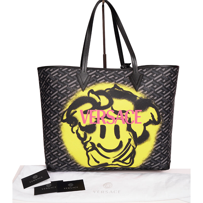 NEW $1450 VERSACE La Greca SMILEY MEDUSA YELLOW GRAFFITI Canvas Leather TOTE BAG
