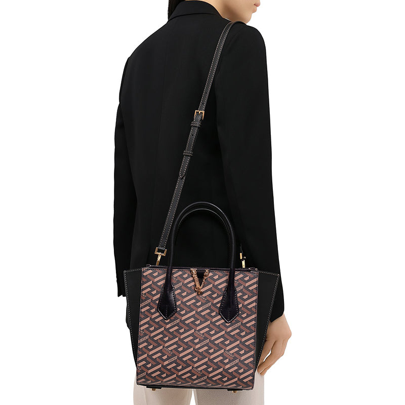 NEW $2,025 VERSACE Coated Canvas Brown LA GRECA VIRTUS V Medium Crossbody BAG