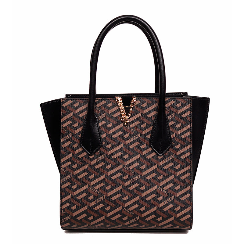 NEW $2,025 VERSACE Coated Canvas Brown LA GRECA VIRTUS V Medium Crossbody BAG