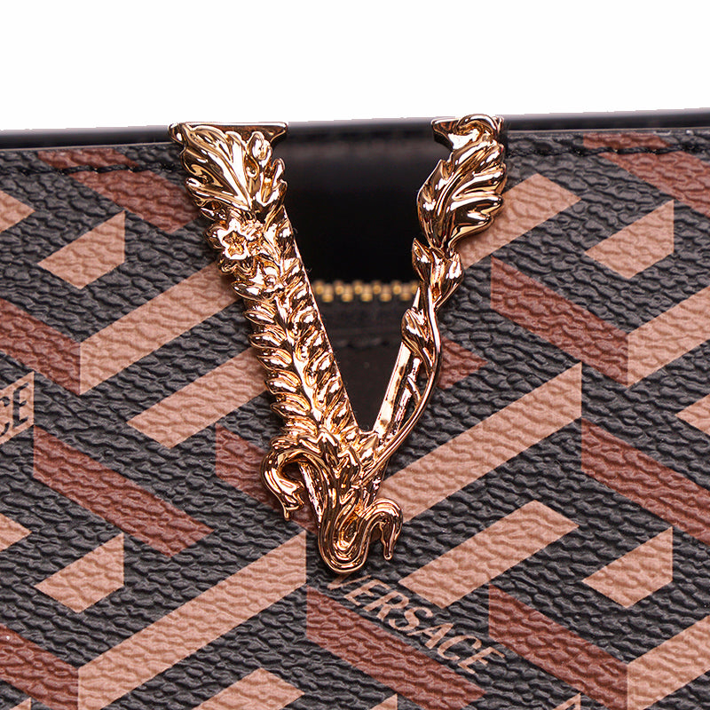 NEW $2,025 VERSACE Coated Canvas Brown LA GRECA VIRTUS V Medium Crossbody BAG