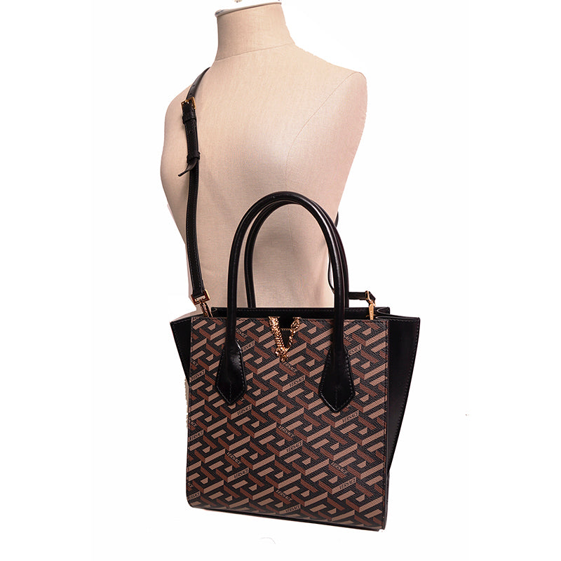 NEW $2,025 VERSACE Coated Canvas Brown LA GRECA VIRTUS V Medium Crossbody BAG