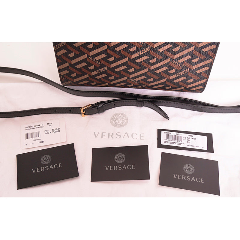 NEW $2,025 VERSACE Coated Canvas Brown LA GRECA VIRTUS V Medium Crossbody BAG