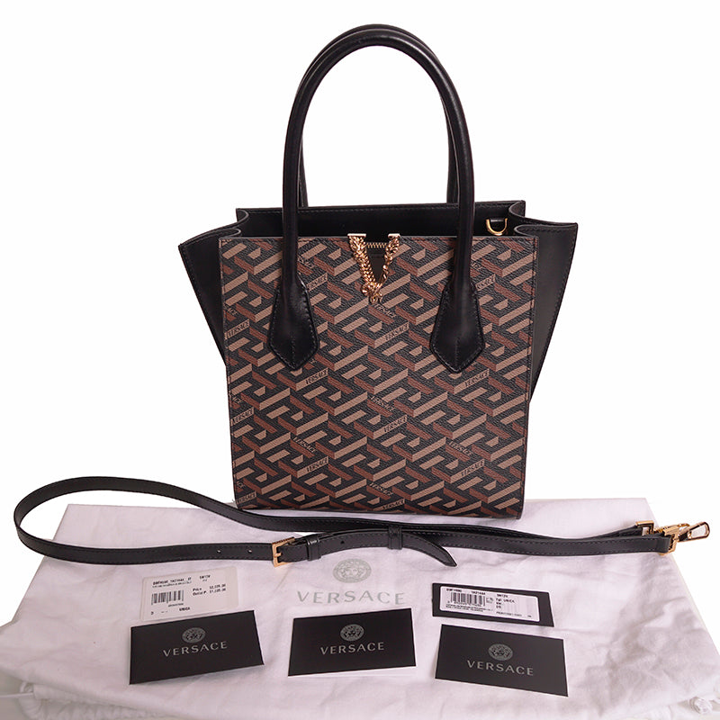 NEW $2,025 VERSACE Coated Canvas Brown LA GRECA VIRTUS V Medium Crossbody BAG