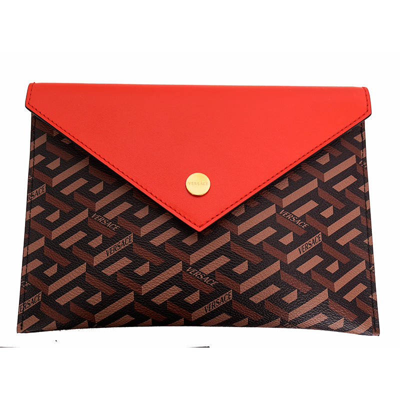 NEW $750 VERSACE Brown SET OF 3 La Greca Coated Canvas Envelope POUCH BAG NIB