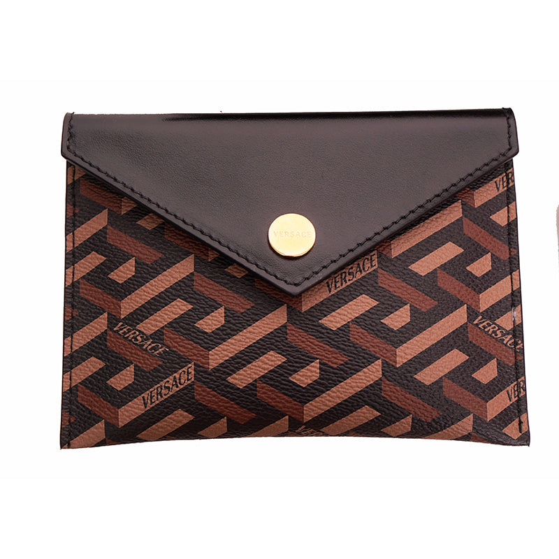 NEW $750 VERSACE Brown SET OF 3 La Greca Coated Canvas Envelope POUCH BAG NIB