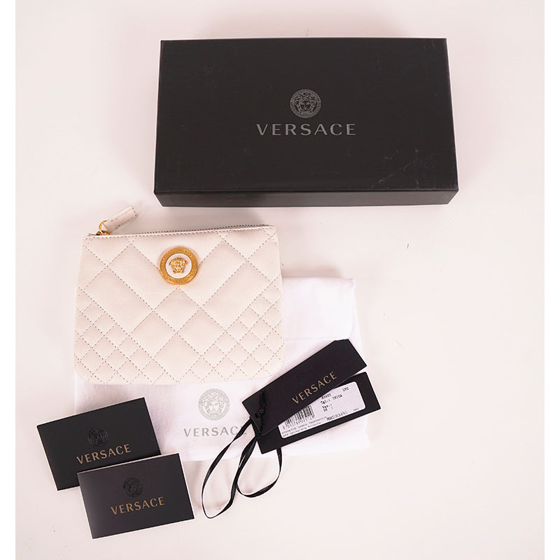 NEW $625 VERSACE White Leather Quilted GOLD MEDUSA Zip Top Wallet/Travel POUCH