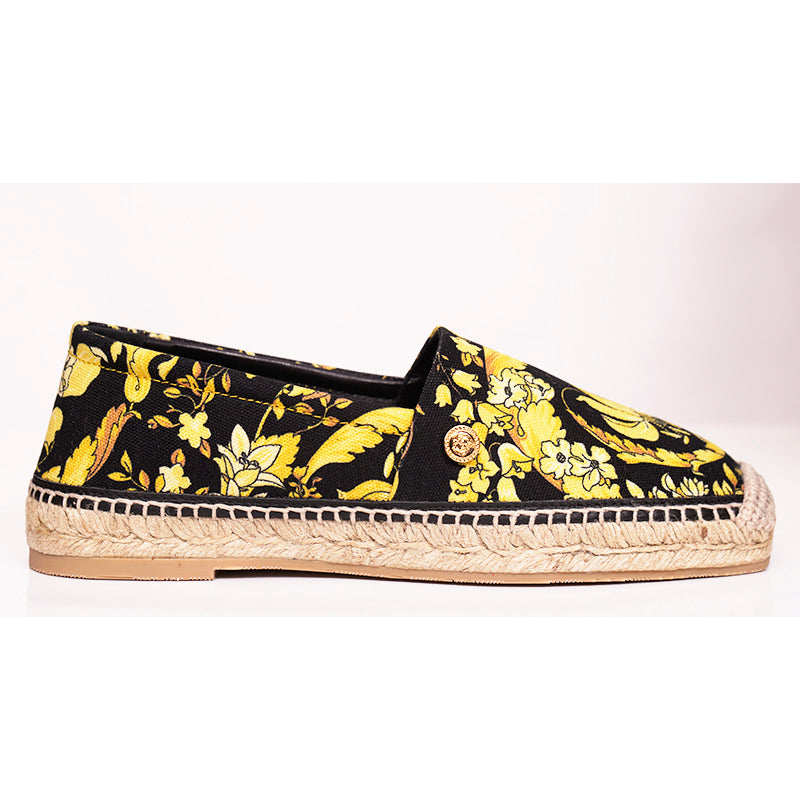 37 NEW $550 VERSACE Black Yellow BAROCCO FLORAL LOGO Espadrille SUMMER FLATS NIB