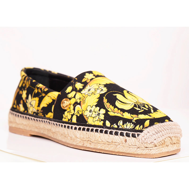 37 NEW $550 VERSACE Black Yellow BAROCCO FLORAL LOGO Espadrille SUMMER FLATS NIB