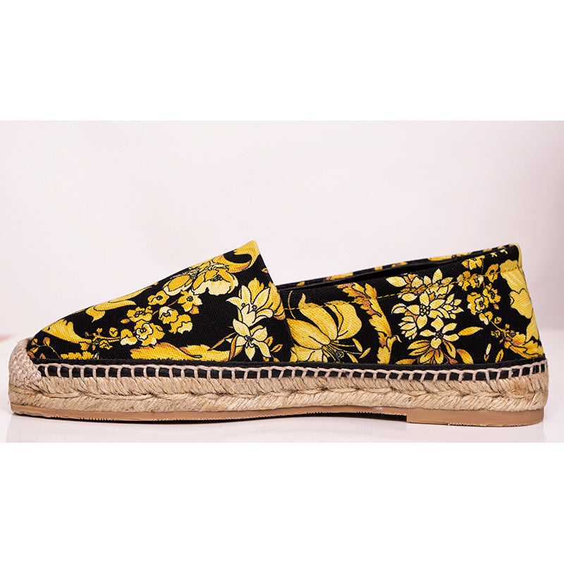 37 NEW $550 VERSACE Black Yellow BAROCCO FLORAL LOGO Espadrille SUMMER FLATS NIB