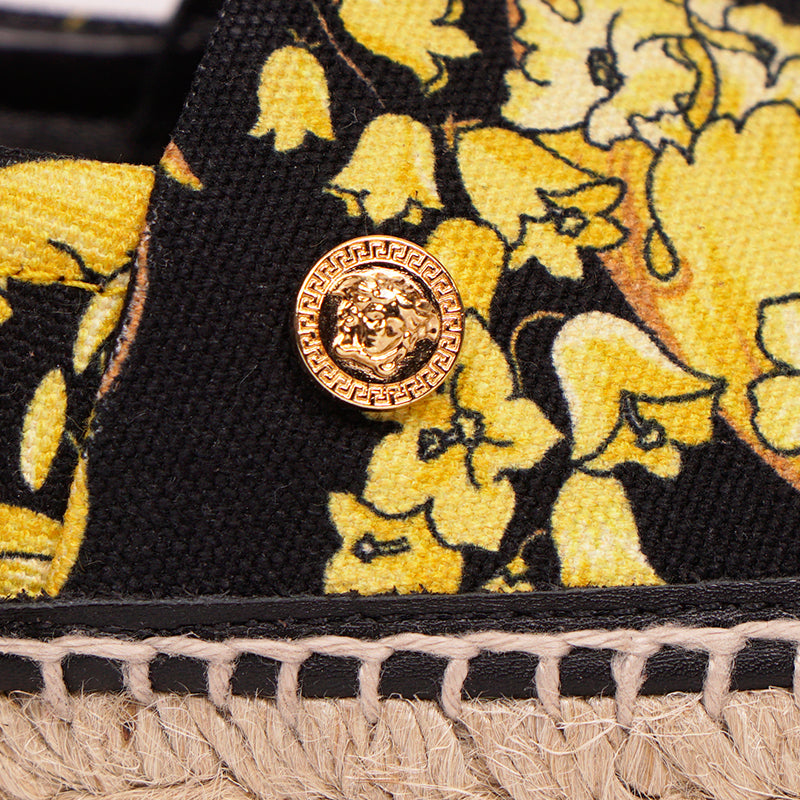 37 NEW $550 VERSACE Black Yellow BAROCCO FLORAL LOGO Espadrille SUMMER FLATS NIB