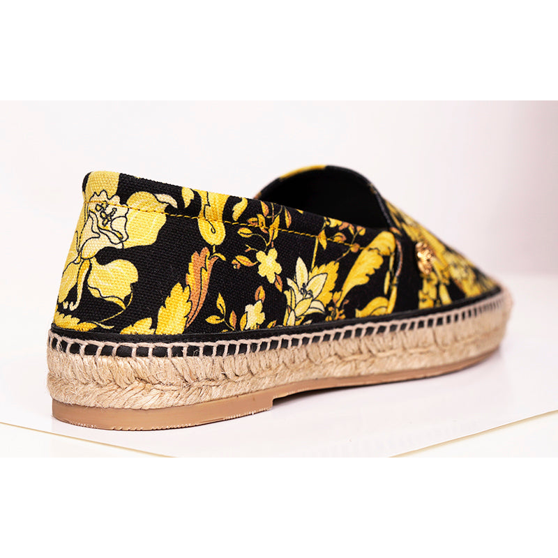 37 NEW $550 VERSACE Black Yellow BAROCCO FLORAL LOGO Espadrille SUMMER FLATS NIB