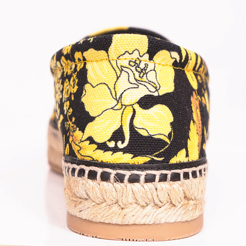 37 NEW $550 VERSACE Black Yellow BAROCCO FLORAL LOGO Espadrille SUMMER FLATS NIB