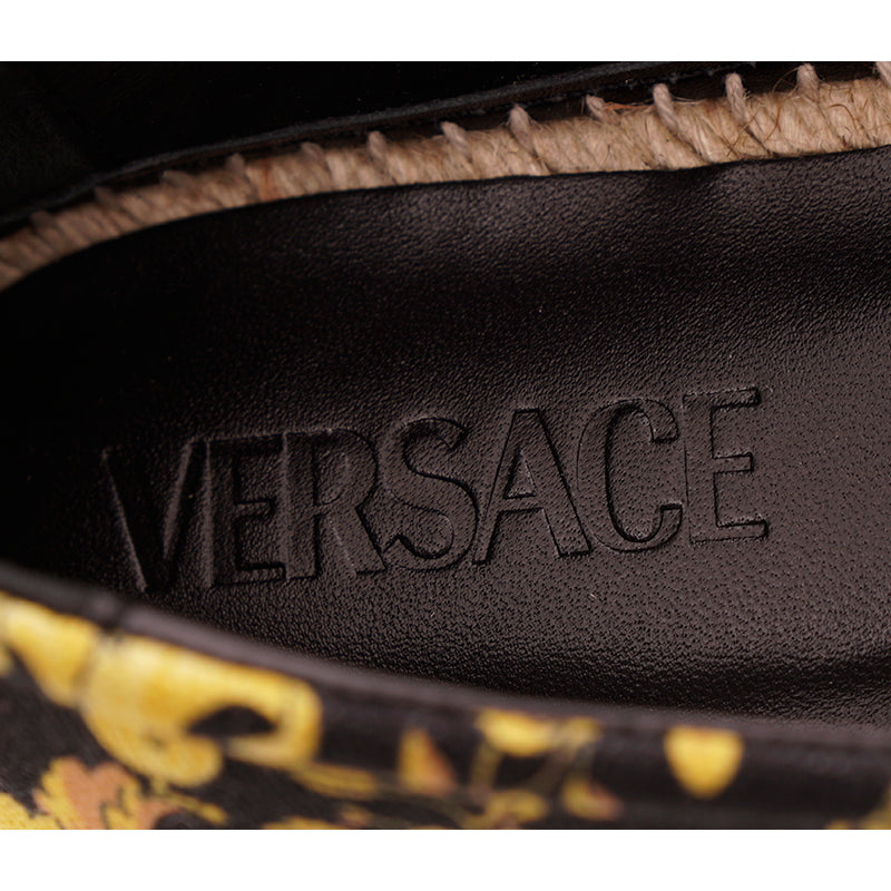 37 NEW $550 VERSACE Black Yellow BAROCCO FLORAL LOGO Espadrille SUMMER FLATS NIB