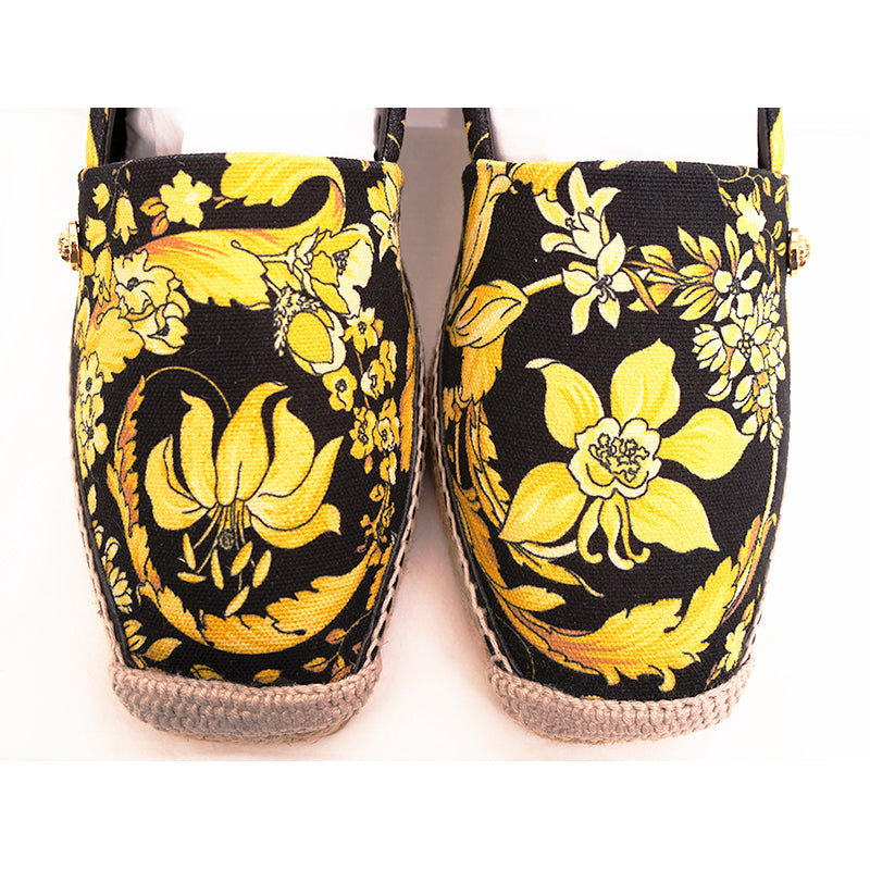 37 NEW $550 VERSACE Black Yellow BAROCCO FLORAL LOGO Espadrille SUMMER FLATS NIB