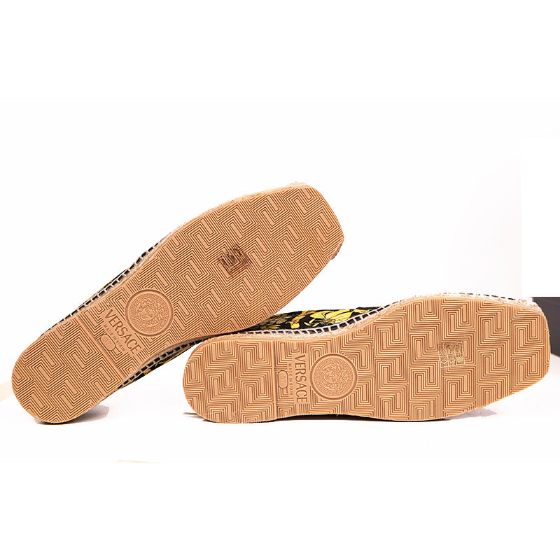 37 NEW $550 VERSACE Black Yellow BAROCCO FLORAL LOGO Espadrille SUMMER FLATS NIB